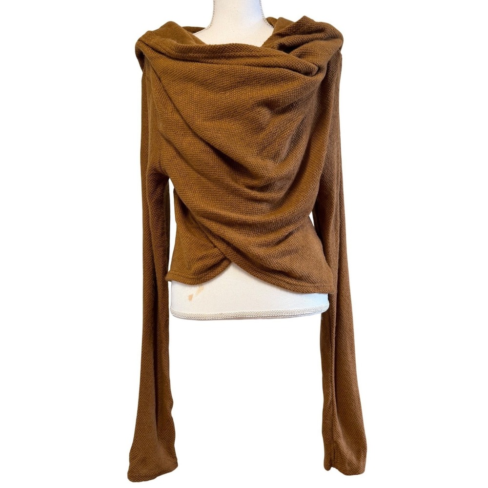 Nadjäa hooded knitted XL crop top by Yggdrazil in rust brown cowl neck wrap - Picture 2 of 7